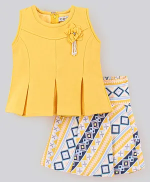Enfance Sleeveless Solid Top With Abstract Printed Skirt - Yellow