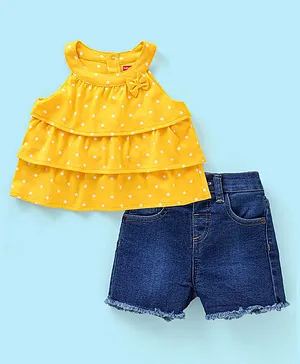 Babyhug 100% Cotton Sleeveless Top & Short Set Dot Print- Yellow & Blue