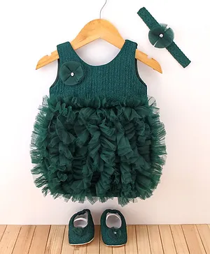 Enfance Sleeveless Shimmer Embellished Bodice & Ruffled Dress With Coordinating Flower Applique Detailed Headband & Booties - Dark Green