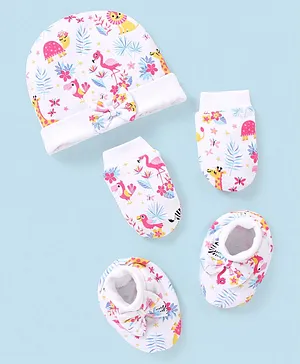 Babyhug 100% Cotton Knit Cap Mittens & Booties Set Flamingo Print -  White