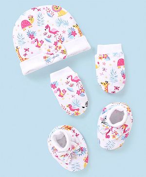 Babyhug 100% Cotton Knit Cap Mittens & Booties Set Flamingo Print -  White
