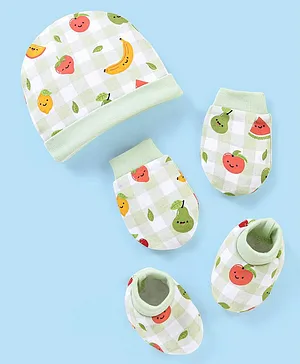 Babyhug 100% Cotton Cap Mittens & Booties Fruits Print - Diameter 10.5 cm