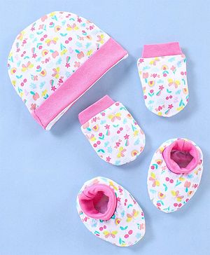 Babyhug 100% Cotton Cap Mittens & Booties Floral Print- Pink