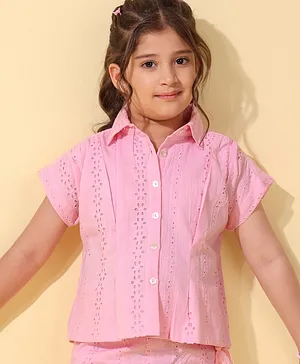 Arias Cotton Schiffli Half Sleeves Shirt With Front Pleats - Pink
