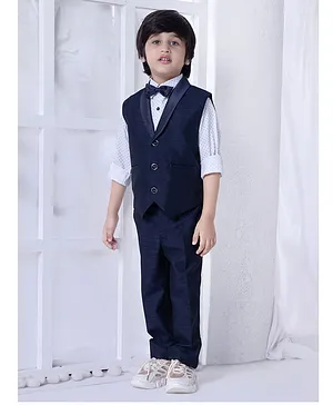 Ministitch Full Sleeves Solid Four Piece Party Waistcoat Set - Navy Blue