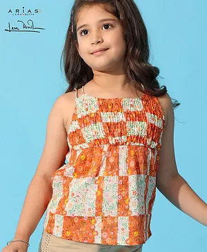 Arias 100% Crinkle Cotton All Over Printed Strappy Top with Front Smocking & Beads Embellishment - Orange White