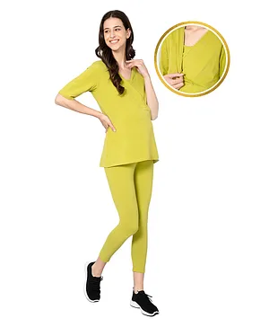 Zelena Half Sleeves Solid Feeding Zipless Top & Maternity Yoga Leggings - Green
