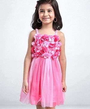 Babyhug Singlet Party Wear Frock with 3D Flowers At Yoke - Pink