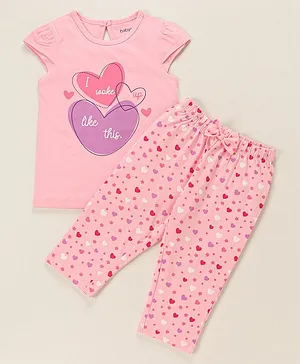 Babyoye Eco-Conscious Anti Bacterial 100% Cotton Cap Sleeves Night Suit Heart Print - Pink