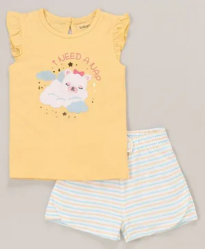 Babyoye Eco-Conscious Anti Bacterial 100% Cotton Knit Half Sleeves Night Suit Stripes & Cloud Applique - Beige & White