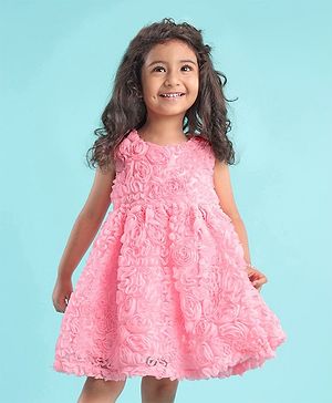 Babyhug Woven Sleeveless Frock with 3D Fabric - Light Pink