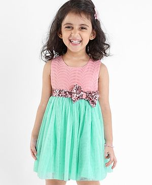 Babyhug Woven Sleeveless Textured Party Dress with Lace Yoke - Mint & Pink