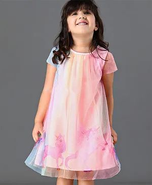 Babyhug Half Sleeves A-Line Party Dress with Glitter Embellished & Unicorn Print - Pink