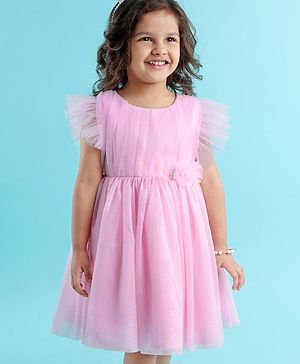 Babyhug Flutter Sleeves Solid Color Party Frock With Floral Corsage - Pink