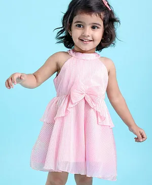 Babyhug Sleeveless Party Frock with Bow Applique - Pink