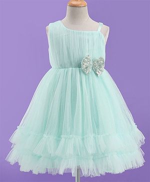 Babyhug Sleeveless Layered Frill Party Frock with Bow Applique - Sea Green