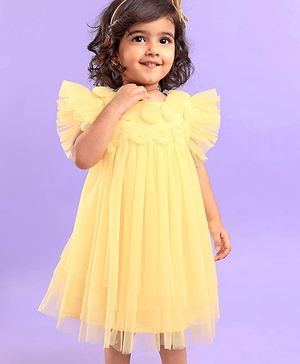 Babyhug Half Flutter Sleeves Mesh Solid Color Party Frock Corsage Detailing - Yellow