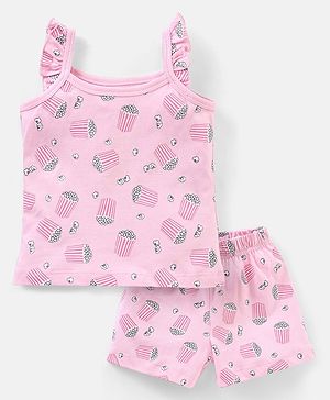 Babyhug Cotton Knit Sleeveless Night Suit Popcorn Print - Pink