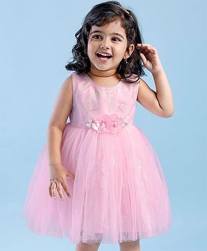 Babyhug Sleeveless Embroidered Party Frock With Floral Corsage- Pink