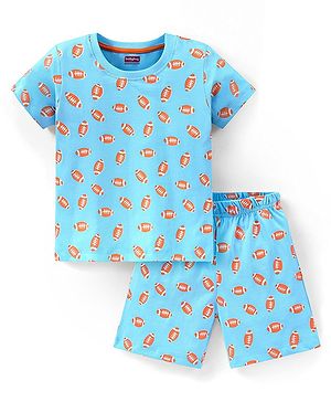 Babyhug Cotton Knit Half Sleeves Night Suit Rugby Football Print - Blue