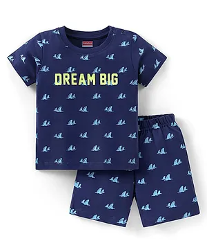 Babyhug Cotton Knit Half Sleeves Night Suit Dream Big Print - Navy Blue