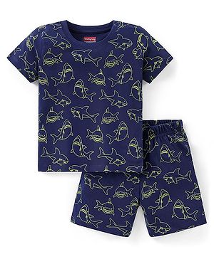 Babyhug Cotton Knit Half Sleeves Night Suit Shark Print - Navy Blue