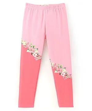 Arias Cotton Modal Stretch Color Block Leggings with Floral Print - Pink