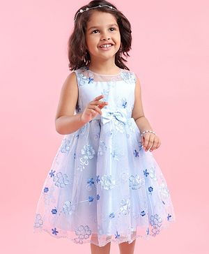 Babyhug Sleeveless Floral Embroidered Party Frock - Blue