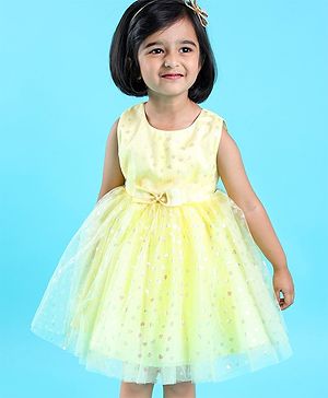 Babyhug Sleeveless Party Frock with Bow Applique Foil Heart Print - Light Yellow