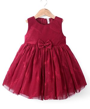 Babyhug Woven Sleeveless Party Frock with Bow Applique & Glitter Embellished - Cherry Red