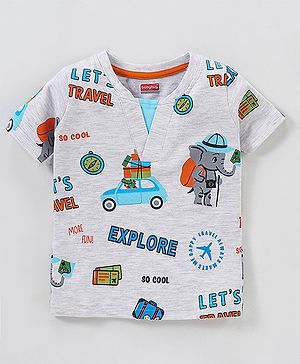Babyhug Cotton Half Sleeves T-Shirt Travel Theme Printed - White Melange