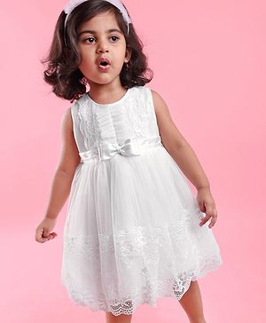Babyhug Woven Sleeveless Party Frock with Floral Lace Detailing - White