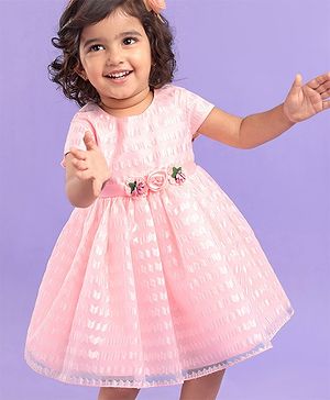 Babyhug Sleeveless Textured Party Frock with Floral Corsage - Peach