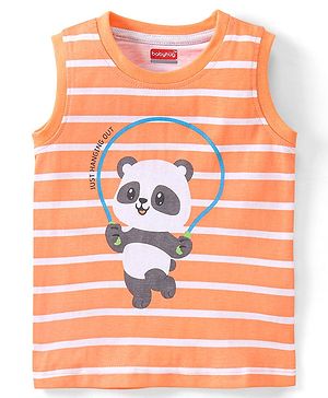 Babyhug Cotton Sleeveless T-Shirt With Stripes & Panda Print- Orange