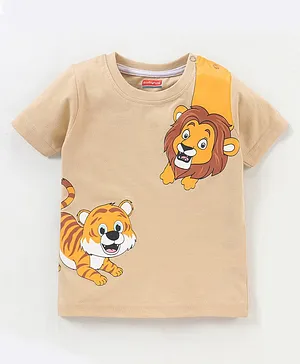 Babyhug Cotton Half Sleeves Tee With Lion & Tiger Print- Beige