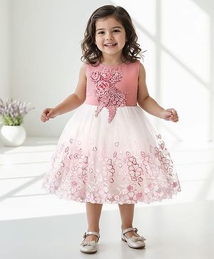 Babyhug Sleeveless Party Frock with Floral Embroidery & Corsage - Dusty Pink & White