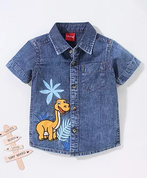 Babyhug 100% Cotton Woven Half Sleeves Washed Denim Shirt with Dino Embroidery - Dark Blue