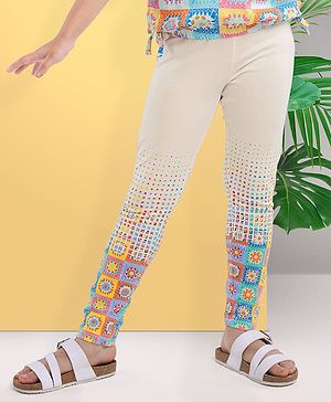 Arias Cotton Modal Stretch Knit Leggings With Colorful Crochet Print - Off White