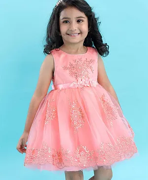 Babyhug Sleeveless Embroidered Party Frock -  Peach