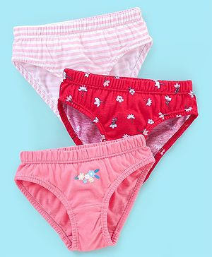 Babyhug 100% Cotton Panties Stripes & Floral Print Pack of 3- Pink & Red