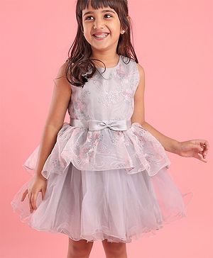 Babyhug Woven Sleeveless Party Frock with Ribbon Detailing & Floral Embroidery - Grey