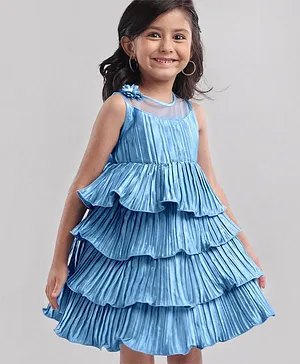 Babyhug Sleeveless Tiered Party Dress with Floral Corsage - Frozen Blue