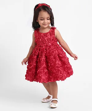 Babyhug Sleeveless 3D Applique Party Frock with Headband - Red