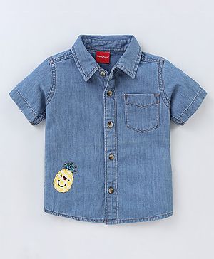 Babyhug Cotton Half Sleeves Washed Denim Shirt With Embroidered Badge- Blue
