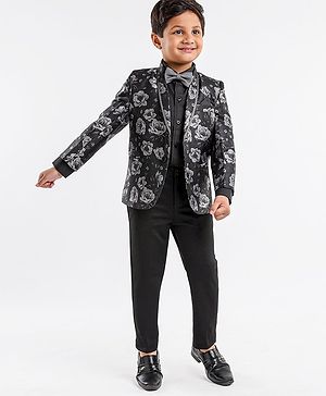Babyhug Full Sleeves Party Suit With Bow Floral Print- Black