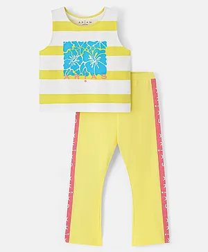 Arias Cotton Stretch Knit Sleeveless Tulip Back Striped Top with Fit & Flare Leggings Set - Yellow