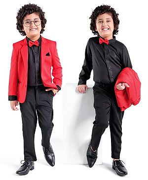 Babyhug Full Sleeves Stretch Fit Party Suit Bow - Red & Black
