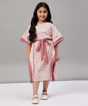 The Kaftan Company Three Fourth Sleeves Floral Printed Kaftan Dress - Multi Colour & White