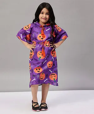 The Kaftan Company Halloween Theme Three Fourth Sleeves Spooky Pumpkin Printed Hooded Kaftan Dress - Purple