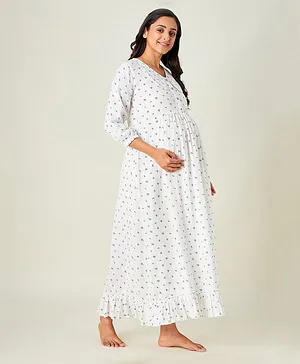 The Kaftan Company Three Fourth Sleeves Ditsy Floral Printed Maternity Lounge Dress - White